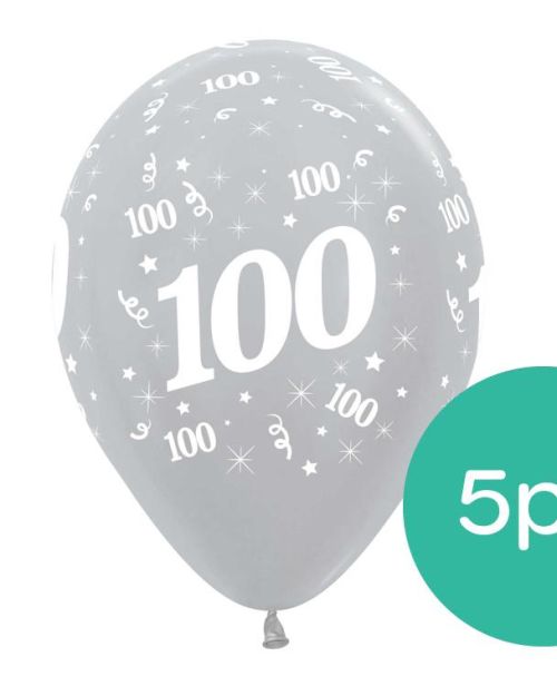 100th Birthday Balloons – Silver 5pk