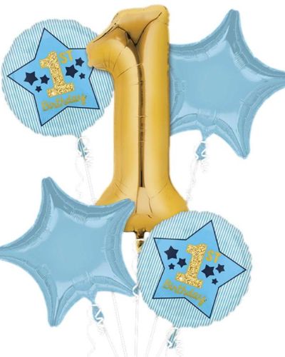 Blue & Gold 1st Birthday Foil Balloon Bouquet