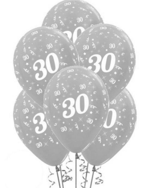 30th Birthday Balloons – Silver 5pk