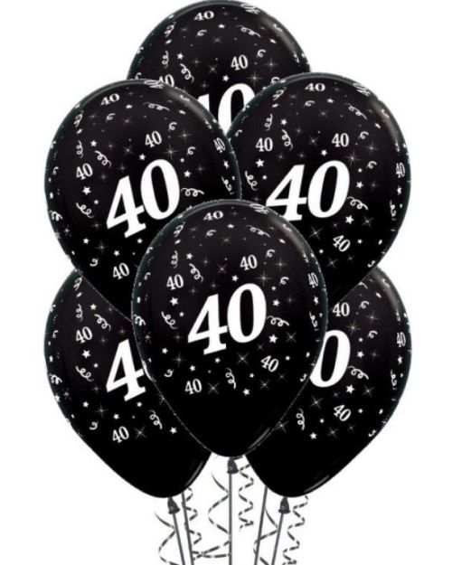 40th Birthday Balloons – Black 6pk