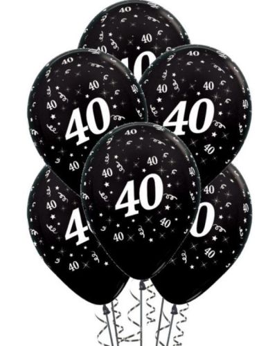 40th Birthday Balloons – Black 6pk