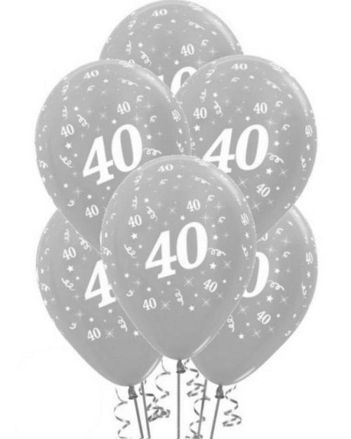 40th Birthday Balloons – Silver 5pk