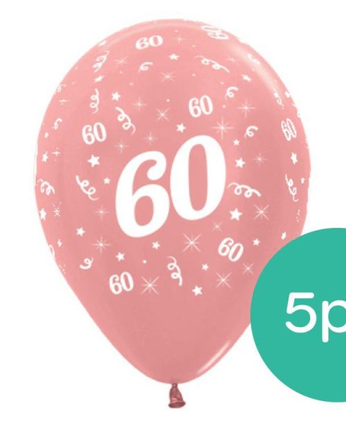 60th Birthday Balloons – Rose Gold 5pk