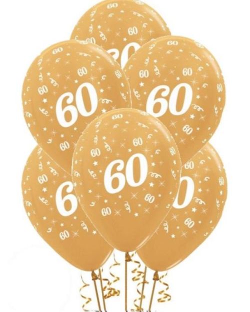 60th Birthday Balloons – Gold 5pk