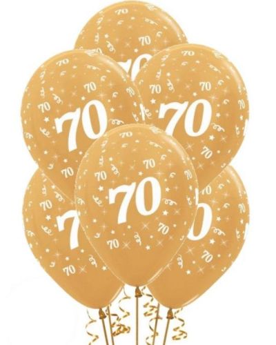 70th Birthday Balloons – Gold 6pk