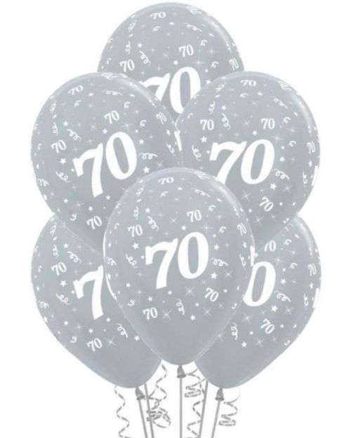 70th Birthday Balloons – Silver 6pk