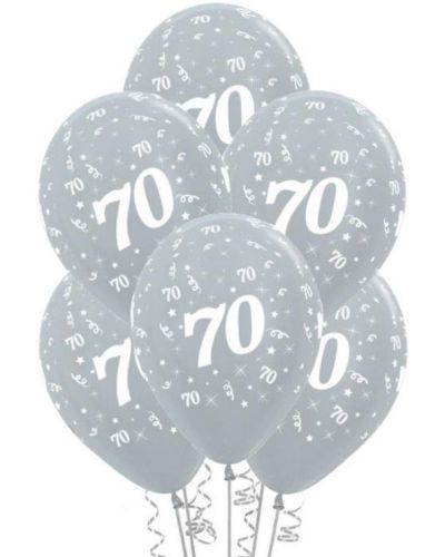 70th Birthday Balloons – Silver 6pk
