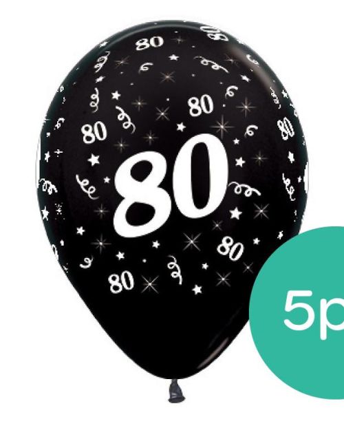 80th Birthday Balloons – Black 5pk