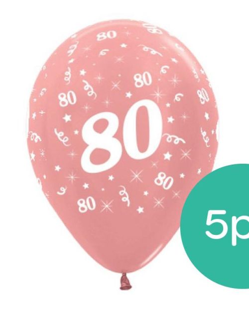 80th Birthday Balloons – Rose Gold 5pk