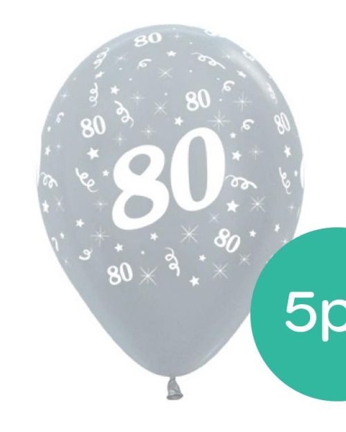 80th Birthday Balloons – Silver 5pk