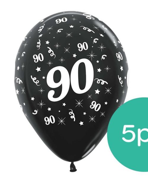 90th Birthday Balloons – Black 5pk