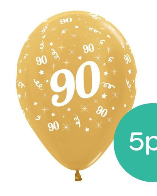 90th Birthday Balloons – Gold 5pk