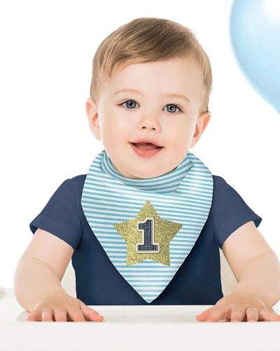 1st Birthday Blue & Gold Glitter Bib