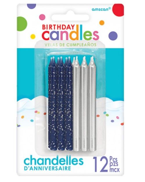 Blue Glitter & Silver Metallic Candles 12pk