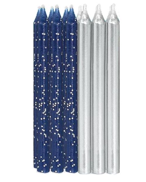 Blue Glitter & Silver Metallic Candles 12pk