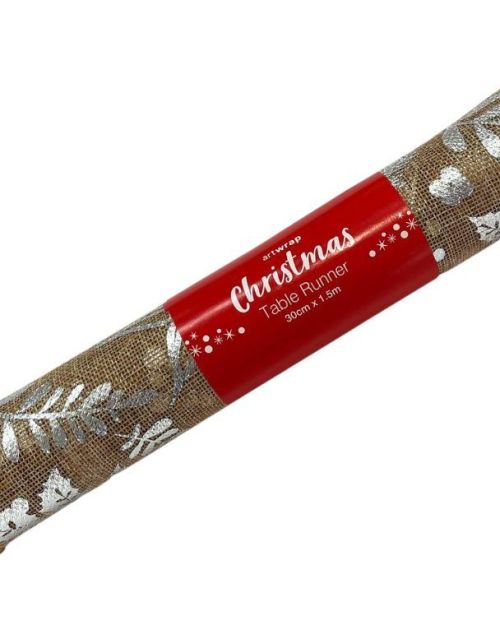 Christmas Table Runner – Hessian & Silver Foliage