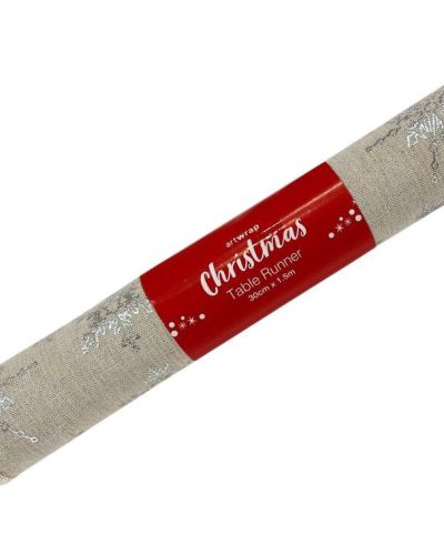Christmas Table Runner – Linen & Silver Snowflakes