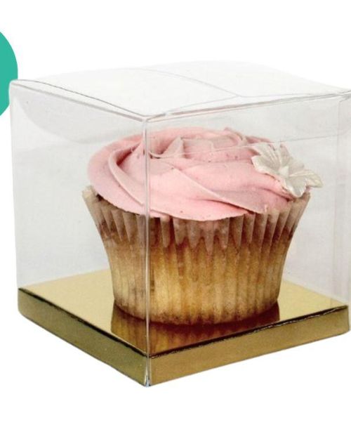 Clear 8cm Cupcake Boxes – Gold 10pk