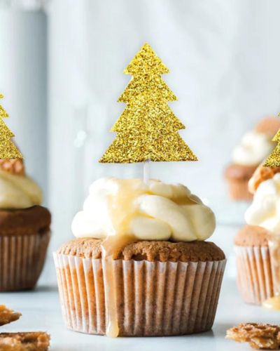 Gold Glitter Christmas Tree Cupcake Toppers 12pk