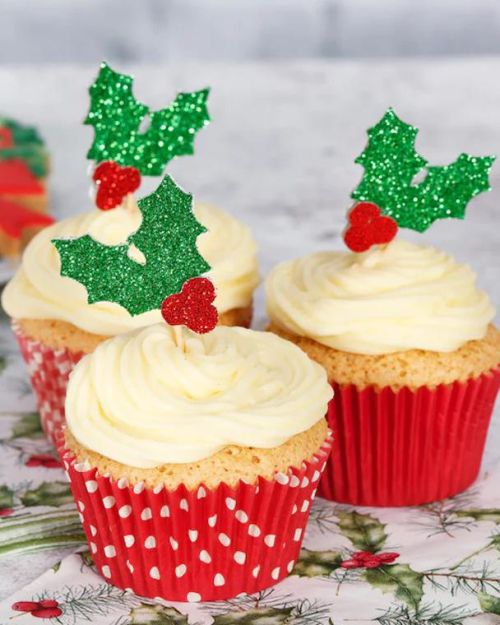 Glitter Holly Cupcake Toppers 12pk
