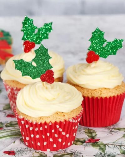 Glitter Holly Cupcake Toppers 12pk