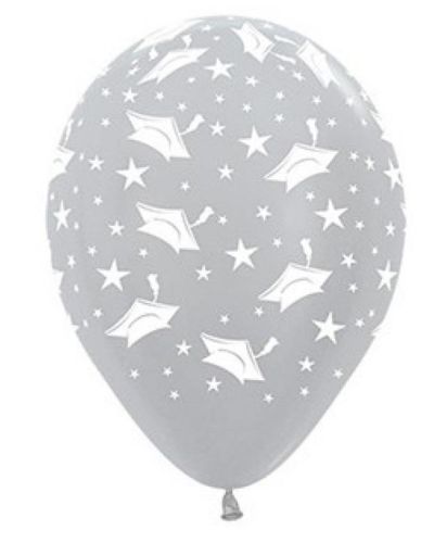 Graduation Caps & Stars Silver Balloons 12pk