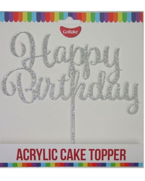 GoBake Happy Birthday Cake Topper – Silver Glitter