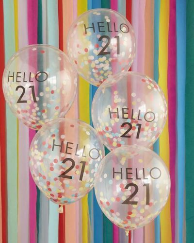 Hello 21 Rainbow Confetti Balloons 5pk