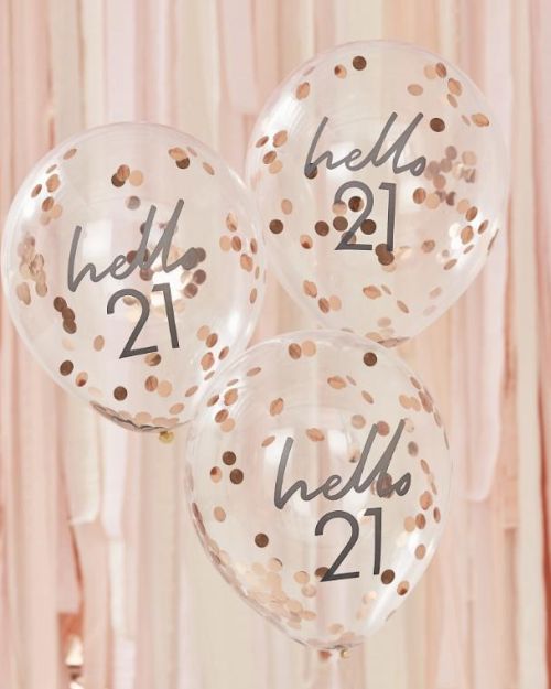 Hello 21 Rose Gold Confetti Balloons 5pk