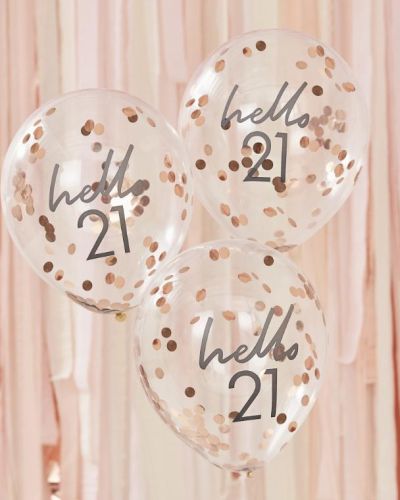 Hello 21 Rose Gold Confetti Balloons 5pk