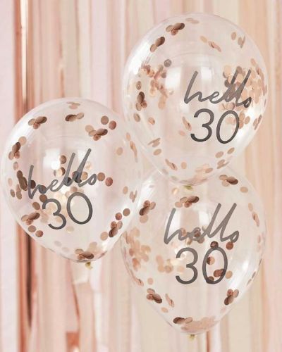 Hello 30 Rose Gold Confetti Balloons 5pk