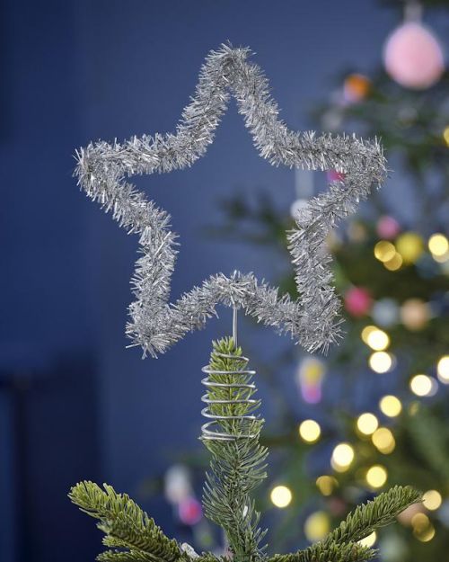 Merry & Bright Silver Tinsel Christmas Tree Star Topper