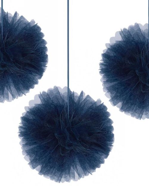 Navy Tulle Fluffy Pom Poms 3pk