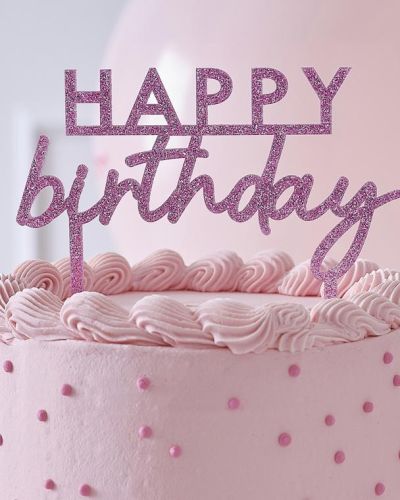 Pink Glitter Happy Birthday Cake Topper