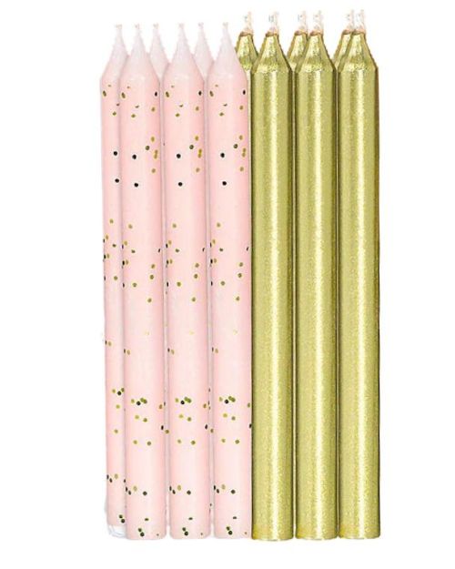 Pink Glitter & Gold Metallic Candles 12pk
