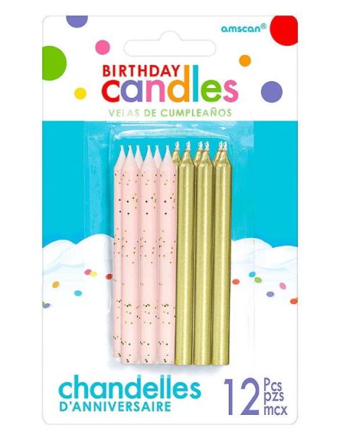 Pink Glitter & Gold Metallic Candles 12pk