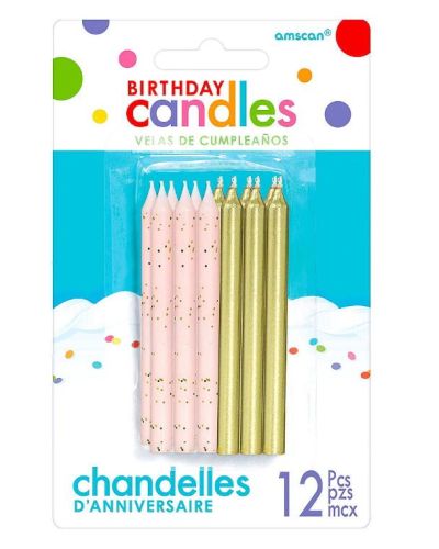 Pink Glitter & Gold Metallic Candles 12pk
