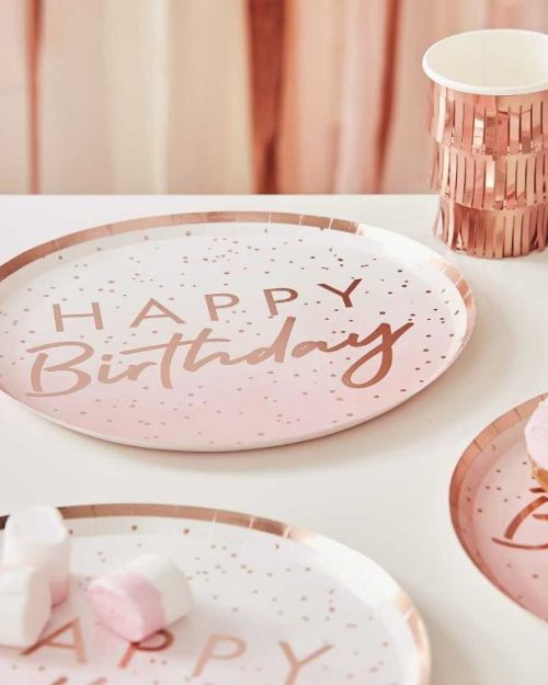 Happy Birthday Rose Gold Dinner Plates 8pk