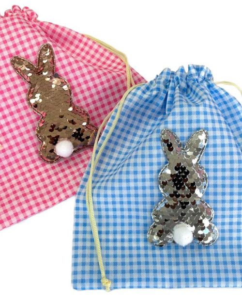 Sequin Bunny Gingham Drawstring Bag