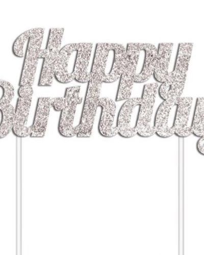 Glitter Cake Topper – Happy Birthday Silver