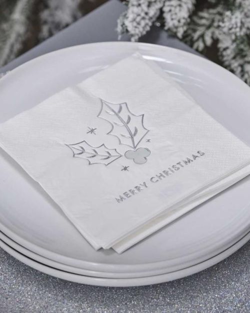 Silver Merry Christmas Beverage Napkins 16pk