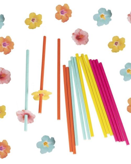 Tiki Tropics Paper Straws with Flower Toppers 16pk