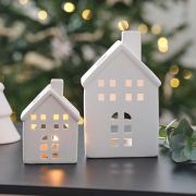 White Ceramic House Tealight Holders 2pk
