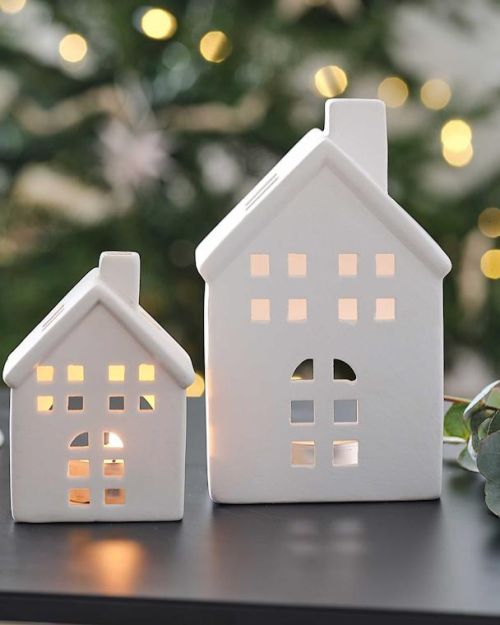 White Ceramic House Tealight Holders 2pk