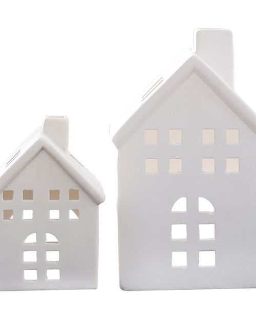 White Ceramic House Tealight Holders 2pk